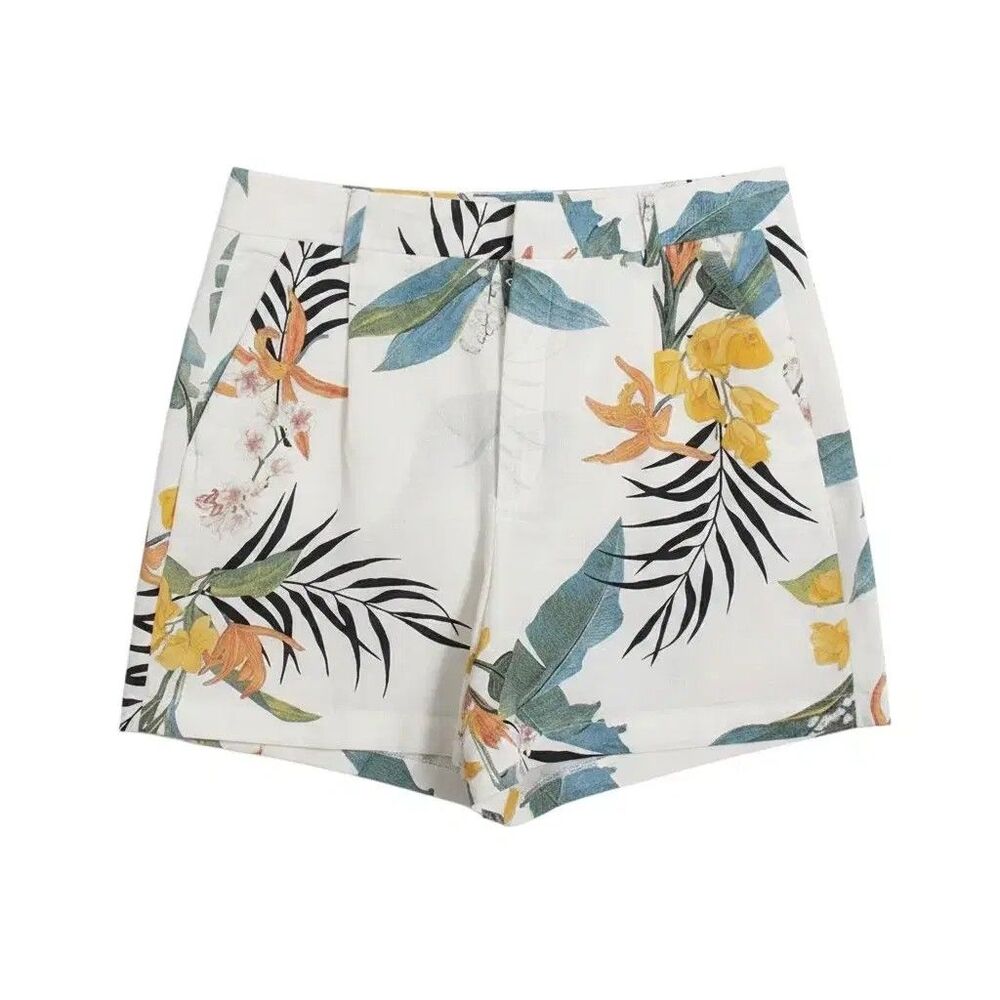 Zara Women's Linen Floral Shorts Size Small White Tropical Print High Rise